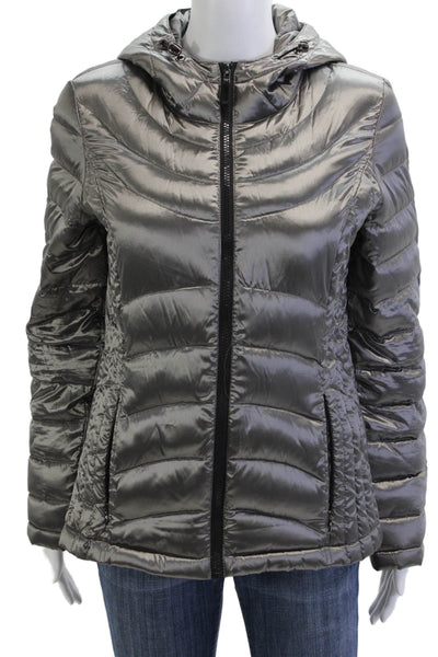 Andrew Marc Womens Quilted Puffer Jacket Gray Packable Down High Neck Size S