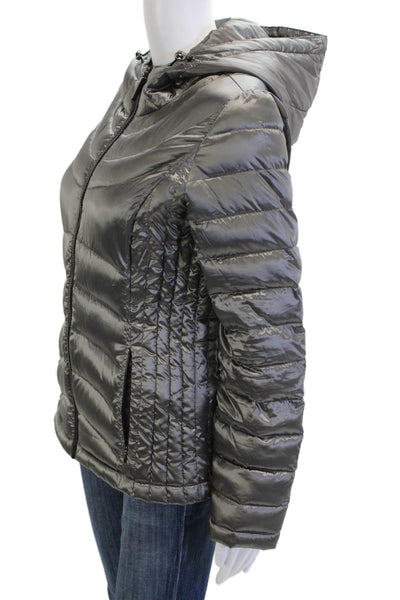 Andrew Marc Womens Quilted Puffer Jacket Gray Packable Down High Neck Size S
