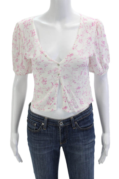 Zara Women Cropped Floral V-Neck Button Up Viscose Short Sleeve Blouse Size M