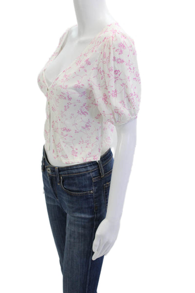 Zara Women Cropped Floral V-Neck Button Up Viscose Short Sleeve Blouse Size M