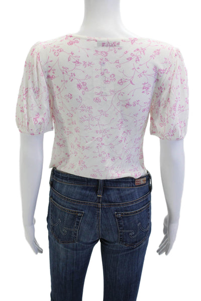 Zara Women Cropped Floral V-Neck Button Up Viscose Short Sleeve Blouse Size M