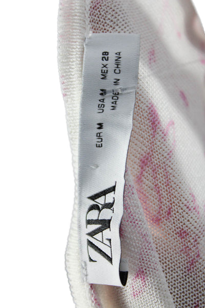 Zara Women Cropped Floral V-Neck Button Up Viscose Short Sleeve Blouse Size M