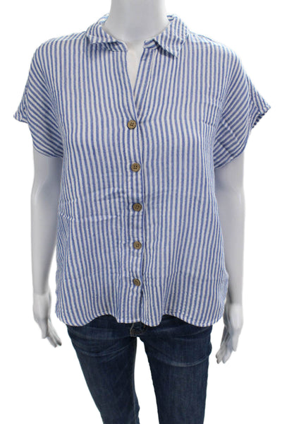 Beach Lunch Lounge Women Basic Button-Up Blue Cotton Collared Striped Size M