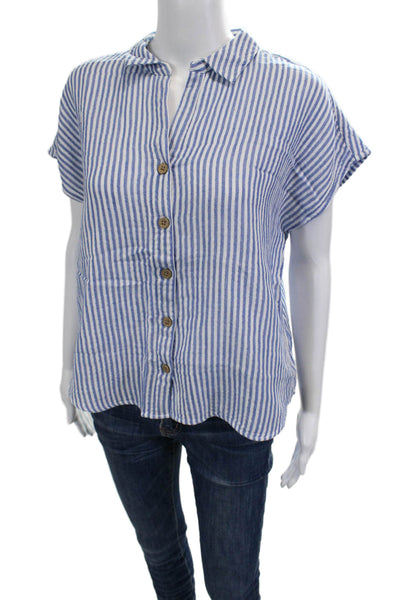 Beach Lunch Lounge Women Basic Button-Up Blue Cotton Collared Striped Size M