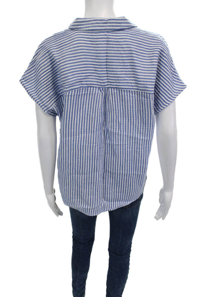 Beach Lunch Lounge Women Basic Button-Up Blue Cotton Collared Striped Size M