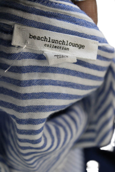 Beach Lunch Lounge Women Basic Button-Up Blue Cotton Collared Striped Size M