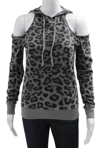 Splendid Women Pullover Hoodie Dark Gray Leopard Drawstring Size XS
