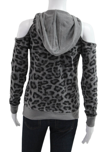Splendid Women Pullover Hoodie Dark Gray Leopard Drawstring Size XS