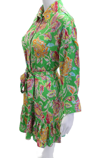 Zara Womens Shirt Dress Green Floral Collared Long Sleeve Button Size XS