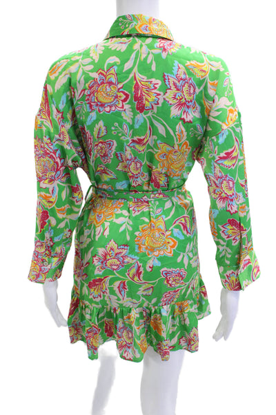 Zara Womens Shirt Dress Green Floral Collared Long Sleeve Button Size XS