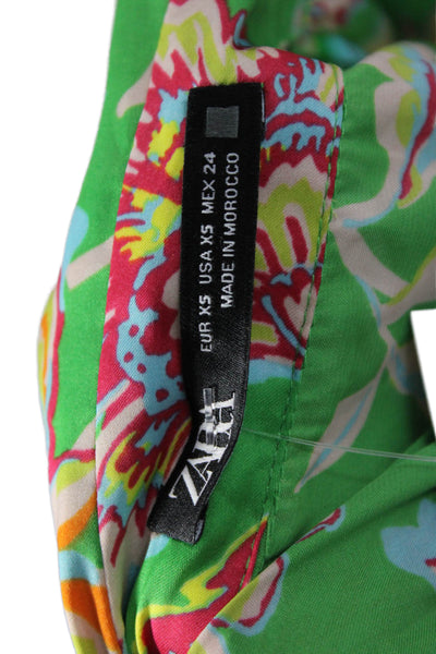 Zara Womens Shirt Dress Green Floral Collared Long Sleeve Button Size XS