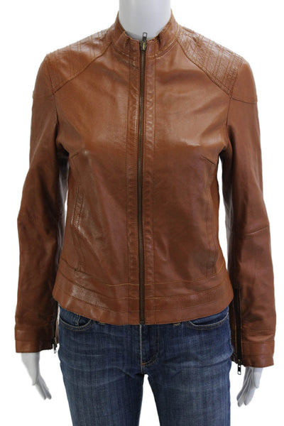 Stefanel Women Motorcycle Jacket Brown High Neck Zip Long Sleeve Size S