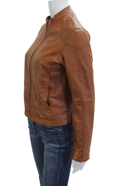 Stefanel Women Motorcycle Jacket Brown High Neck Zip Long Sleeve Size S