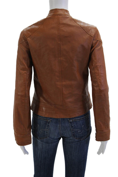 Stefanel Women Motorcycle Jacket Brown High Neck Zip Long Sleeve Size S