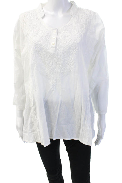Sevya Women White Cotton Floral Bohemian Tunic 3/4 Sleeve Button Size L