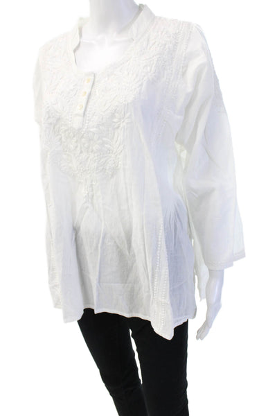 Sevya Women White Cotton Floral Bohemian Tunic 3/4 Sleeve Button Size L