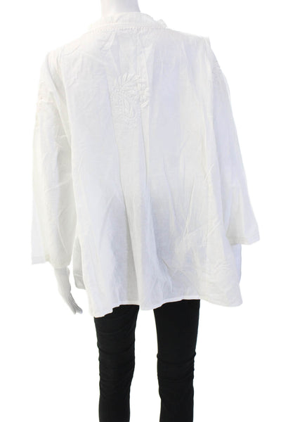 Sevya Women White Cotton Floral Bohemian Tunic 3/4 Sleeve Button Size L