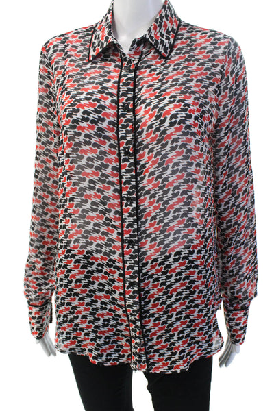 Pleione Women Black Bird Graphic Collared Long Sleeve Button-Up Blouse Size M