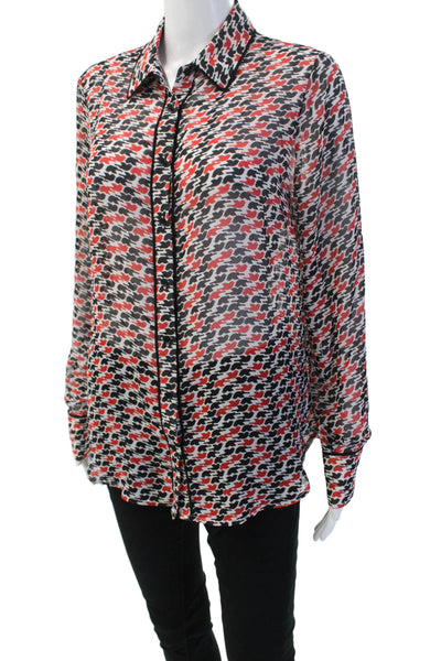 Pleione Women Black Bird Graphic Collared Long Sleeve Button-Up Blouse Size M