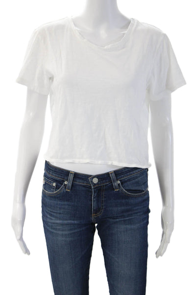 Love Shack Fancy Women Cropped Basic T Shirt White Cotton Short Sleeve Size XS