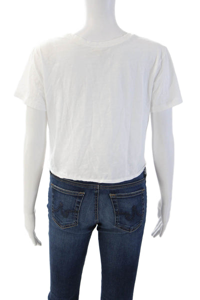 Love Shack Fancy Women Cropped Basic T Shirt White Cotton Short Sleeve Size XS