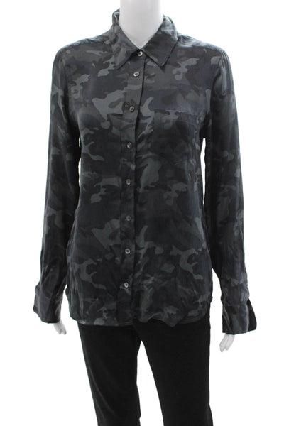 Equipment Femme Women Silk Camouflage Button-Up Long Sleeve Dark Gray Size M