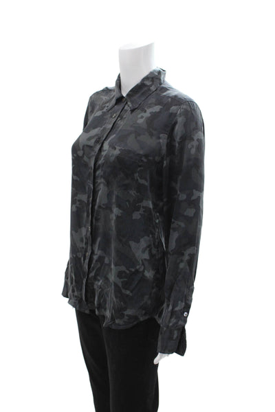 Equipment Femme Women Silk Camouflage Button-Up Long Sleeve Dark Gray Size M