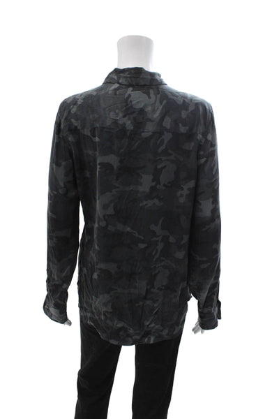 Equipment Femme Women Silk Camouflage Button-Up Long Sleeve Dark Gray Size M