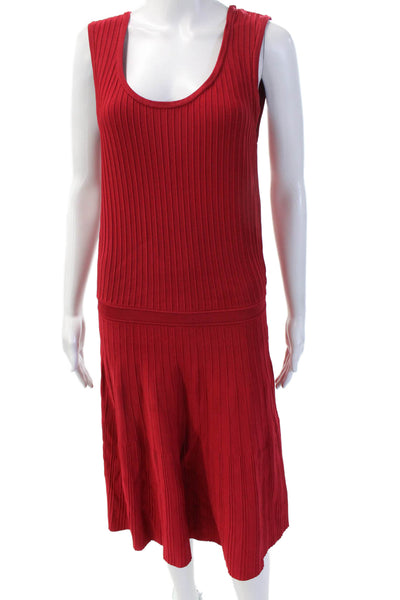 Pink Tartan Women Sleeveless Sweater Dress Red Striped Midi Round Neck Size XS