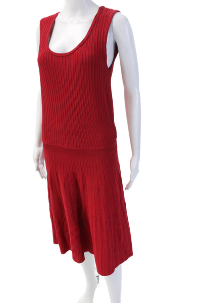 Pink Tartan Women Sleeveless Sweater Dress Red Striped Midi Round Neck Size XS