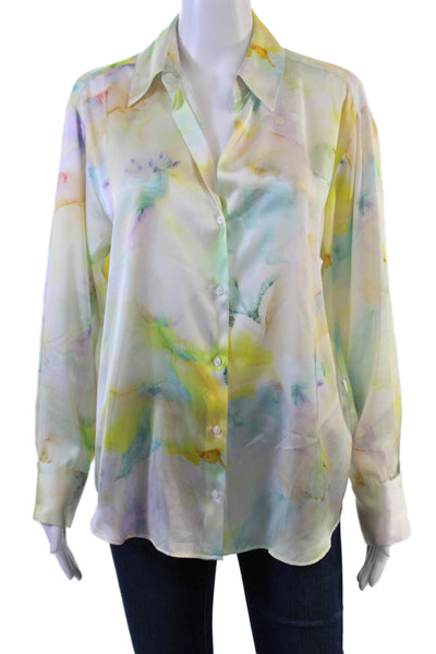 Zara Women Multi-Color Collared Button Up Blouse Long Sleeve Art Print Size M