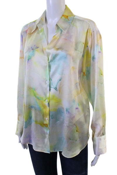 Zara Women Multi-Color Collared Button Up Blouse Long Sleeve Art Print Size M