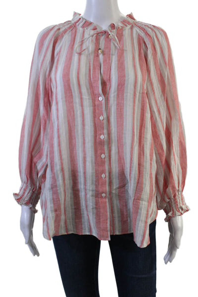 Kivari Womens Tunic Blouse Red Striped Linen Cotton Longsleeve Button Up Size 4