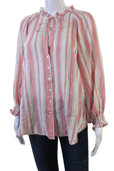 Kivari Womens Tunic Blouse Red Striped Linen Cotton Longsleeve Button Up Size 4