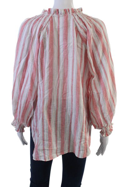 Kivari Womens Tunic Blouse Red Striped Linen Cotton Longsleeve Button Up Size 4