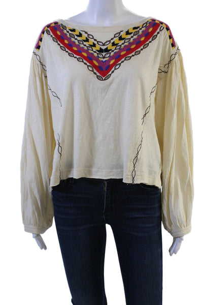 Free People Womens Cropped Bohemian Geometric Blouse Beige Drawstring Size L