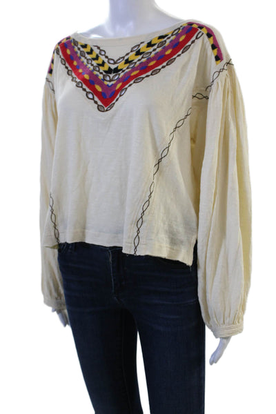 Free People Womens Cropped Bohemian Geometric Blouse Beige Drawstring Size L