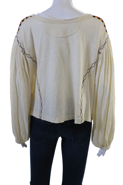Free People Womens Cropped Bohemian Geometric Blouse Beige Drawstring Size L