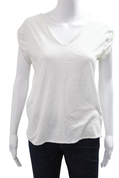 Road Twenty Two Women Basic White V-Neck Graphic Cotton Cap Sleeve Tee Size L