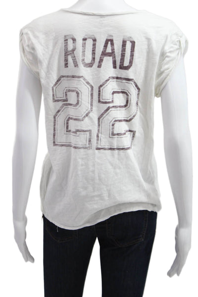 Road Twenty Two Women Basic White V-Neck Graphic Cotton Cap Sleeve Tee Size L
