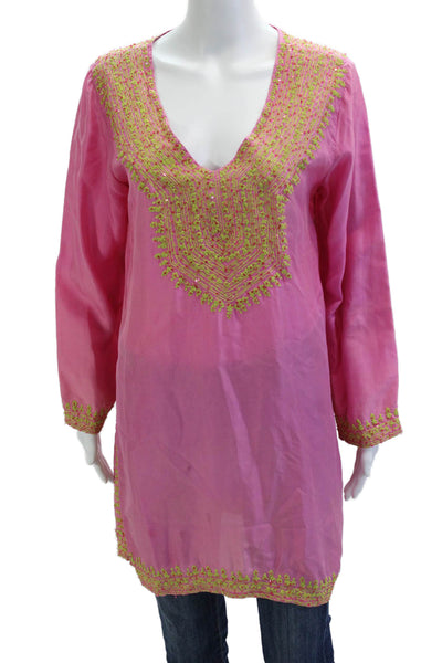 Graham Kandiah Womens Kaftan Blouse Pink V-Neck Long Sleeve Polyester Size L