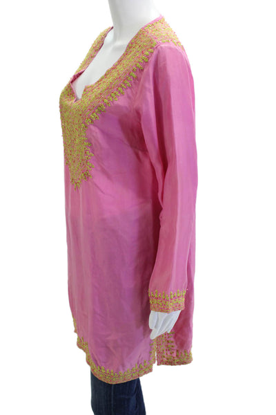 Graham Kandiah Womens Kaftan Blouse Pink V-Neck Long Sleeve Polyester Size L