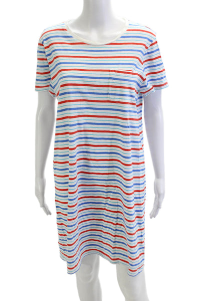 J Crew Women T-Shirt Dress Light Blue Striped Cotton Short Sleeve Size L