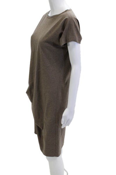Brunello Cucinelli Women Shift Short Sleeve Brown Silk Spandex Dress Size L