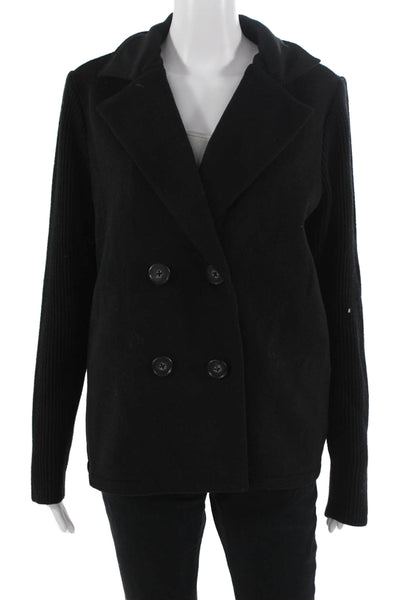 Splendid Womens Pea Coat Black Wool Blend Button Collared Long Sleeve Size S