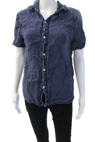 Puro Lino Women Linen Collared Short Sleeve Button-Up Dark Blue Size S