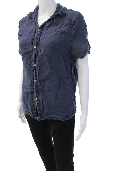 Puro Lino Women Linen Collared Short Sleeve Button-Up Dark Blue Size S