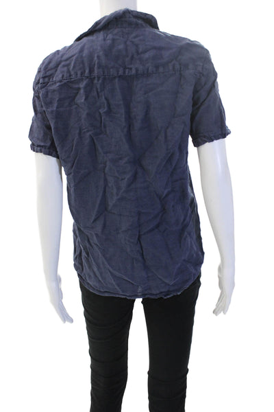 Puro Lino Women Linen Collared Short Sleeve Button-Up Dark Blue Size S