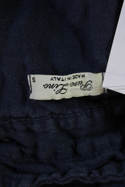 Puro Lino Women Linen Collared Short Sleeve Button-Up Dark Blue Size S