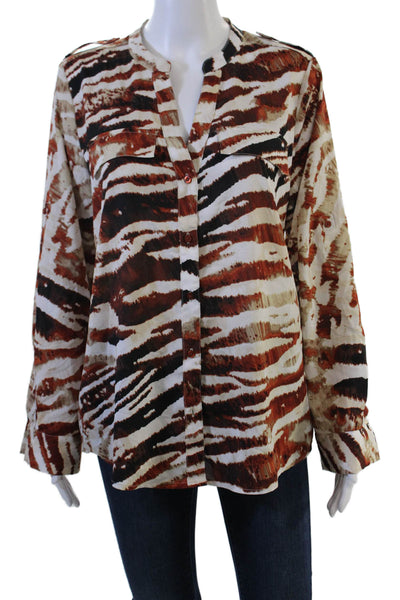 Calvin Klein Women Beige Animal Print V-Neck Longsleeve Button Up Blouse Size M